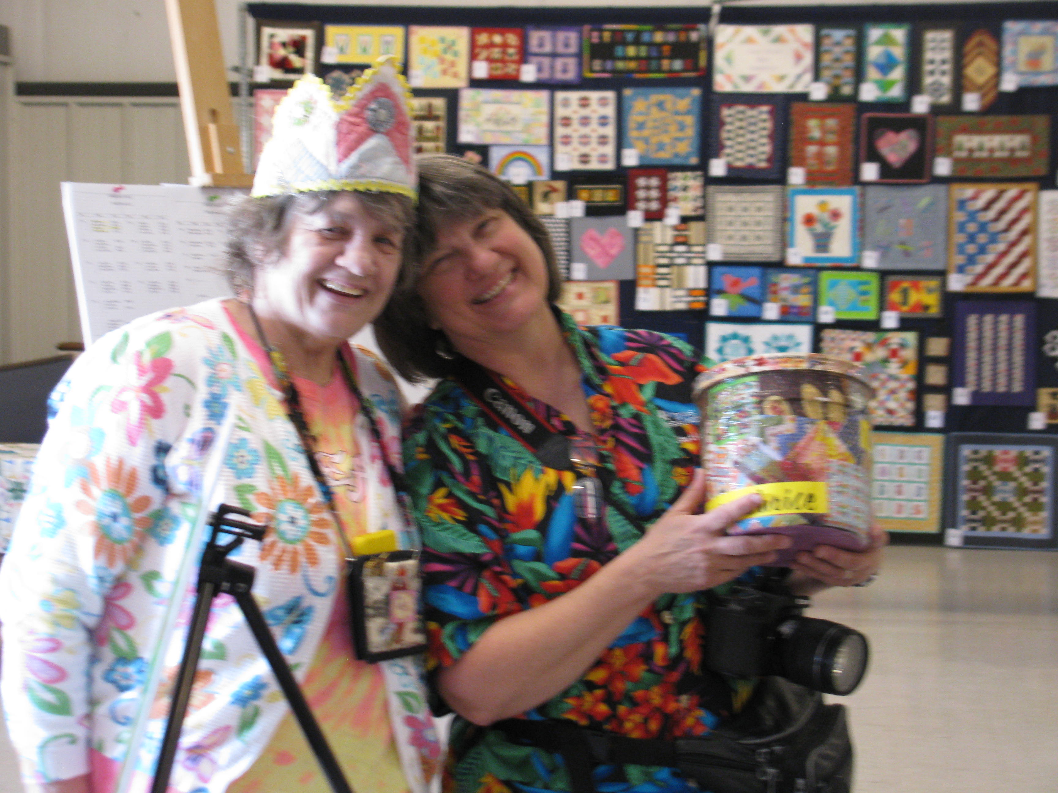 Our guild president at left (also reigning queen) and her quilt show chair, Diane Crandell, both giddy with enthusiasm at the 2015 quilt show.