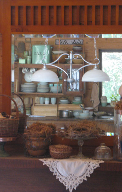 This photo shows our kitchen counter reflected in the mirror over the mantel filled with bird nests. I discovered the hanging light fixture at the resale shop for Habitat for Humanity. 