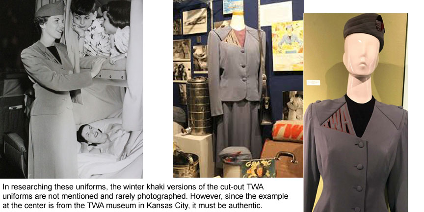 winter: khaki versions of the cut-out TWA hostess uniforms, 1944-1955